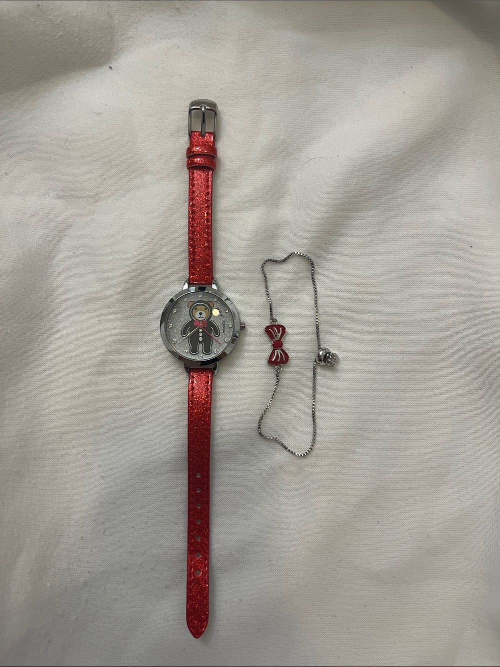 Betsey Johnson Red Glitter Bear Watch and Matching Bow Bracelet